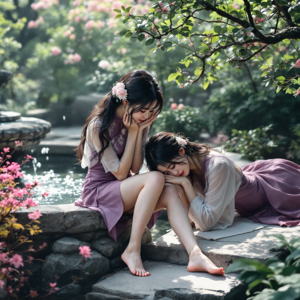 AI generated: full body view two dark haired korean girls dressed in asian style, very short purple Cheongsam, lon...