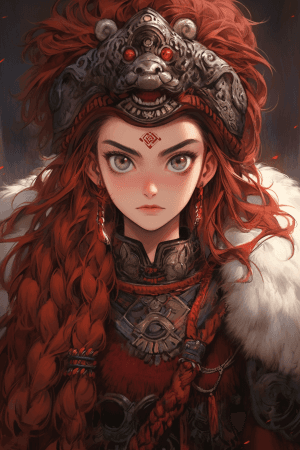 AI generated: A fierce and determined warrior, Disney style, with bold makeup, oil painting by Harald Sohlberg, in...