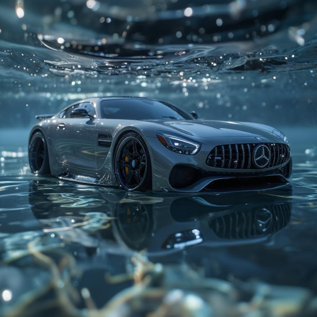 AI generated: Benz AMG GT car whose reflex has fallen into the water and the camera has taken a picture of its ref...