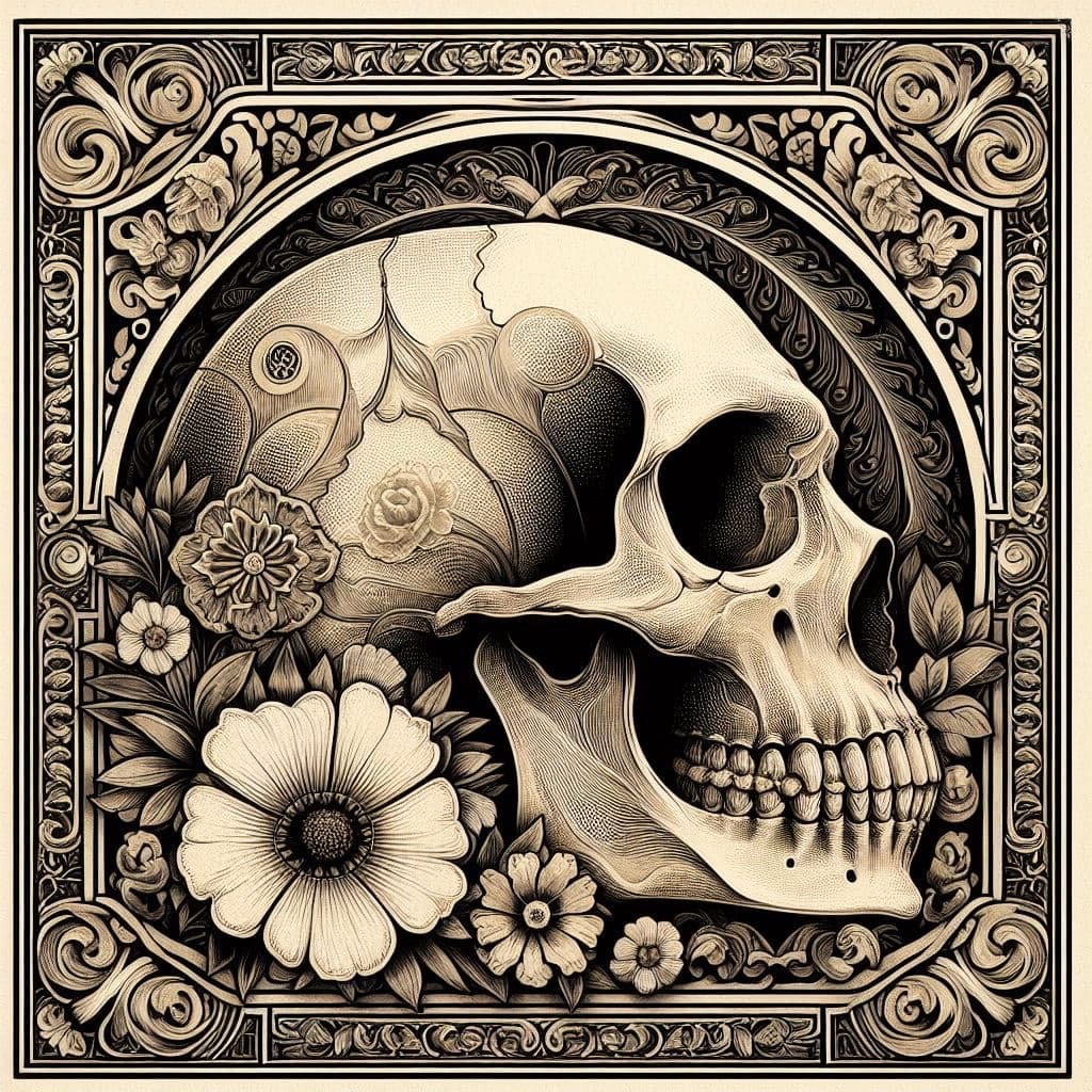 AI generated: art deco, square picture of fossil skull, include flowers
