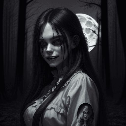 AI generated: Girl, solo, nighttime, creepy night, anarchy atmosphere, evil smile, parted lips, very long hair, be...