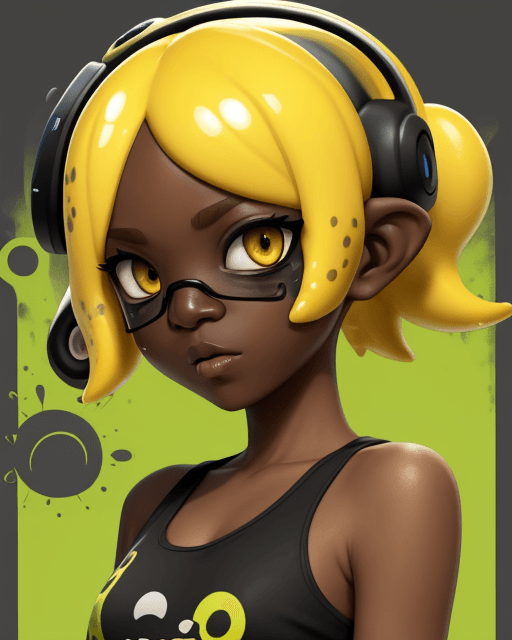 AI generated: splatoon, inkling, short hair, dark skin, yellow hair, hypnosis