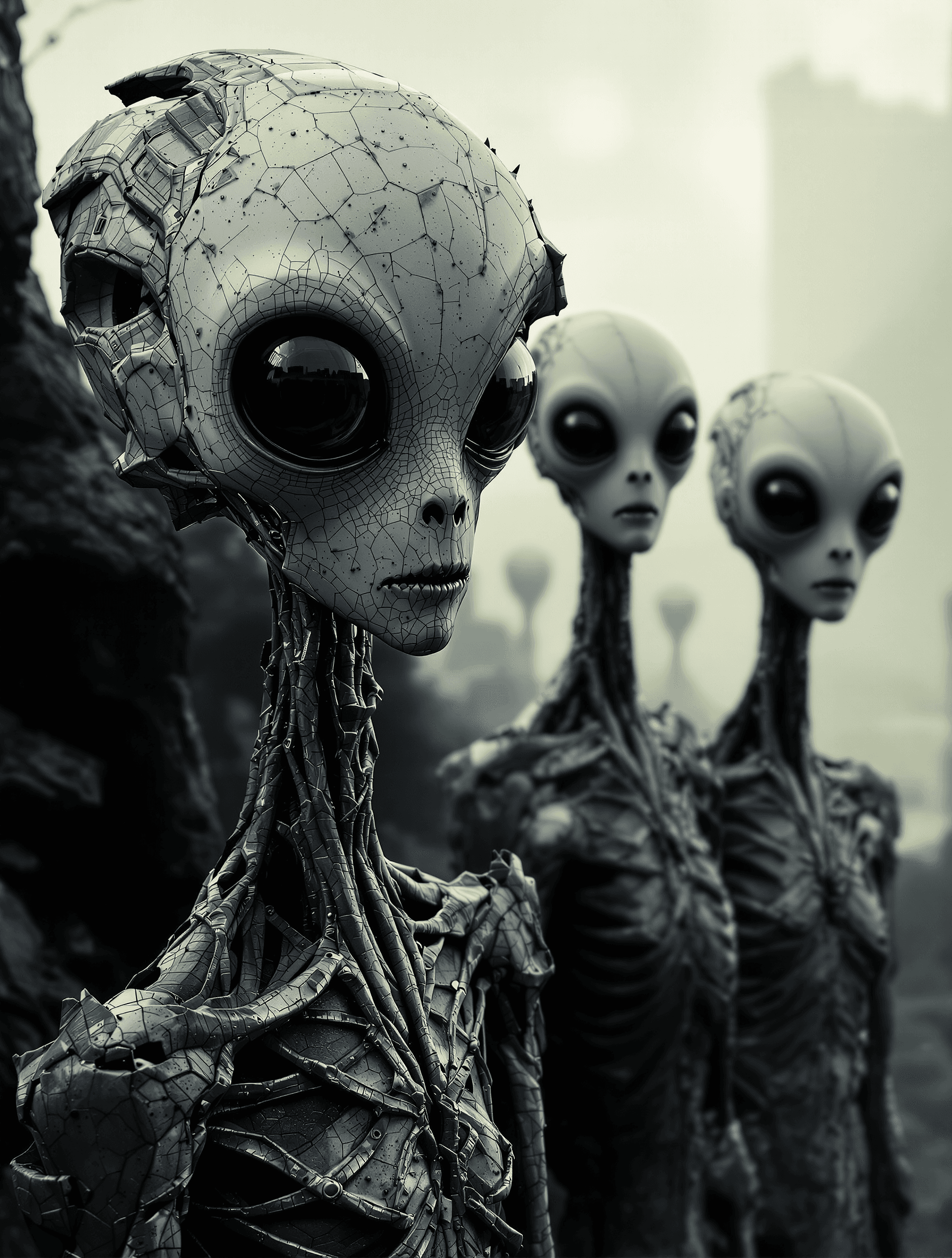 AI generated: grey aliens with large eyes watching over an enslaved humanity 