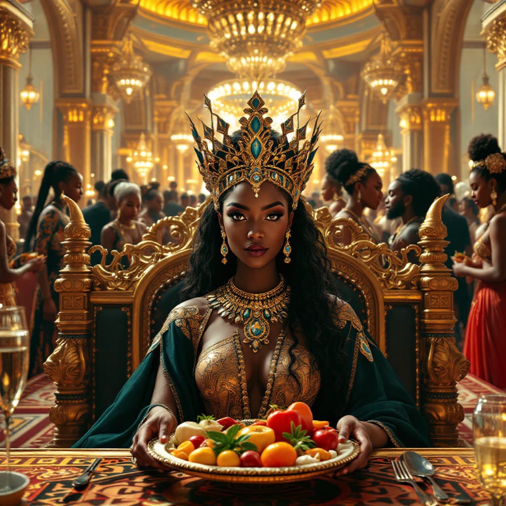 AI generated: An African beautiful Queen , in a well detailed majestic palace, bustling with people and beautiful ...