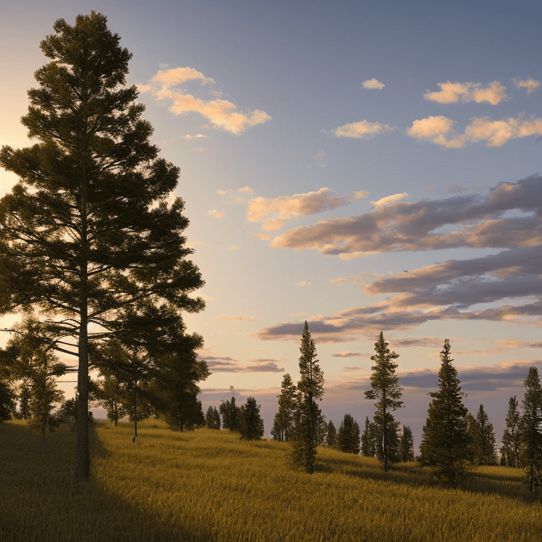 AI generated: photorealistic oil on canvas,
sparse clouds in a soaring sky, 
small pine trees,
beautiful setting, ...