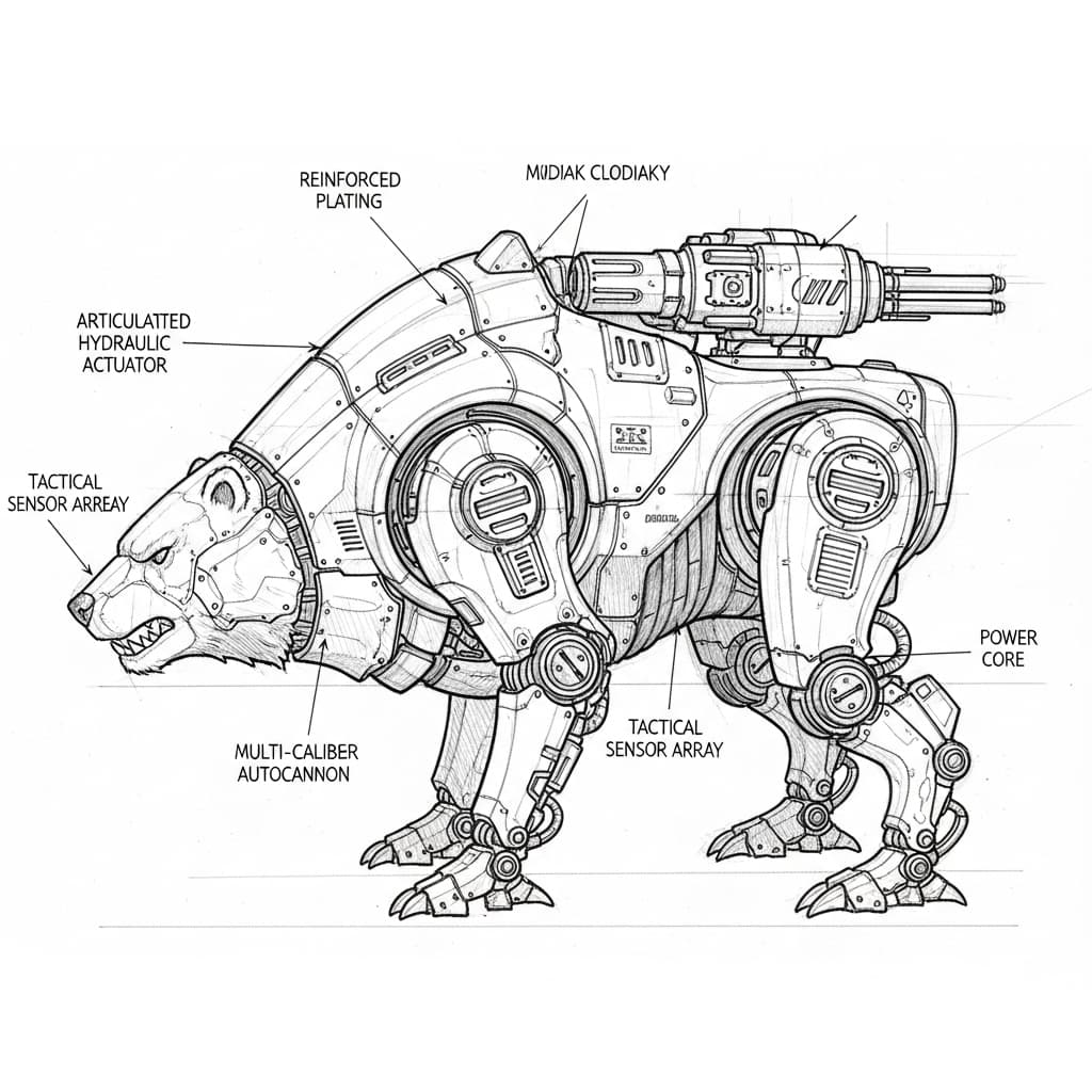 AI generated: black and white technical drawing showcasing a technical illustration, militarized kodiak ursine rob...