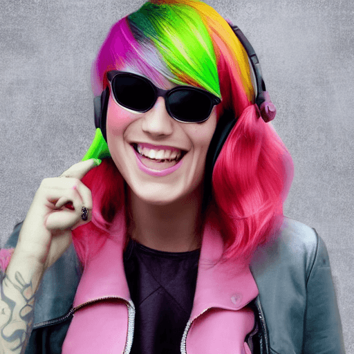AI generated: beautiful (smiling:1) woman DJ with (pink hair:1.1) wearing (headphones:1.1) and sunglasses and a le...