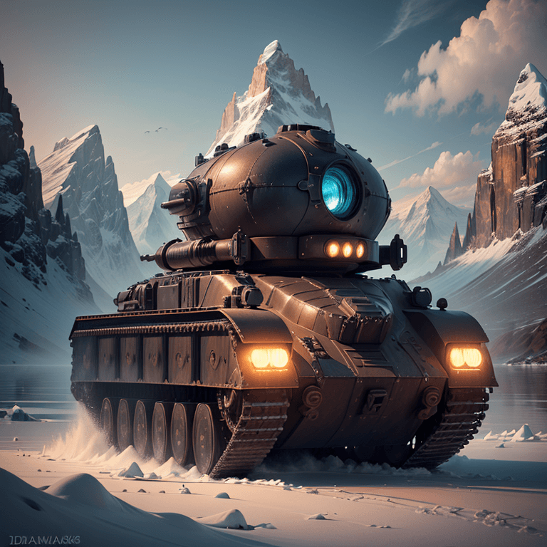 AI generated: manned vehicle with cabin, shaped like a tank, dark alien planet, frozen lake, mountains in the back...