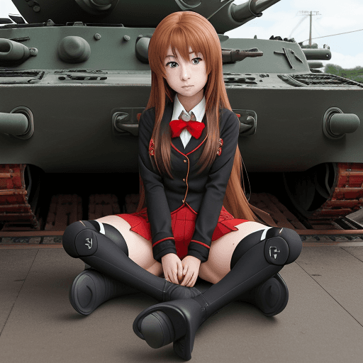 AI generated: taiga aisaka, anime, black stokings, red school uniform, long hair, sit on tank, T-34, not realism, ...