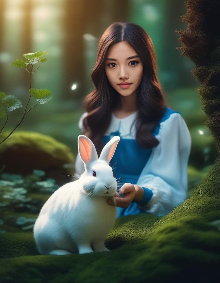 AI generated: ((portrait of young girl playing with a white bunny)), (best friends for life), (Alice In Wonderland...