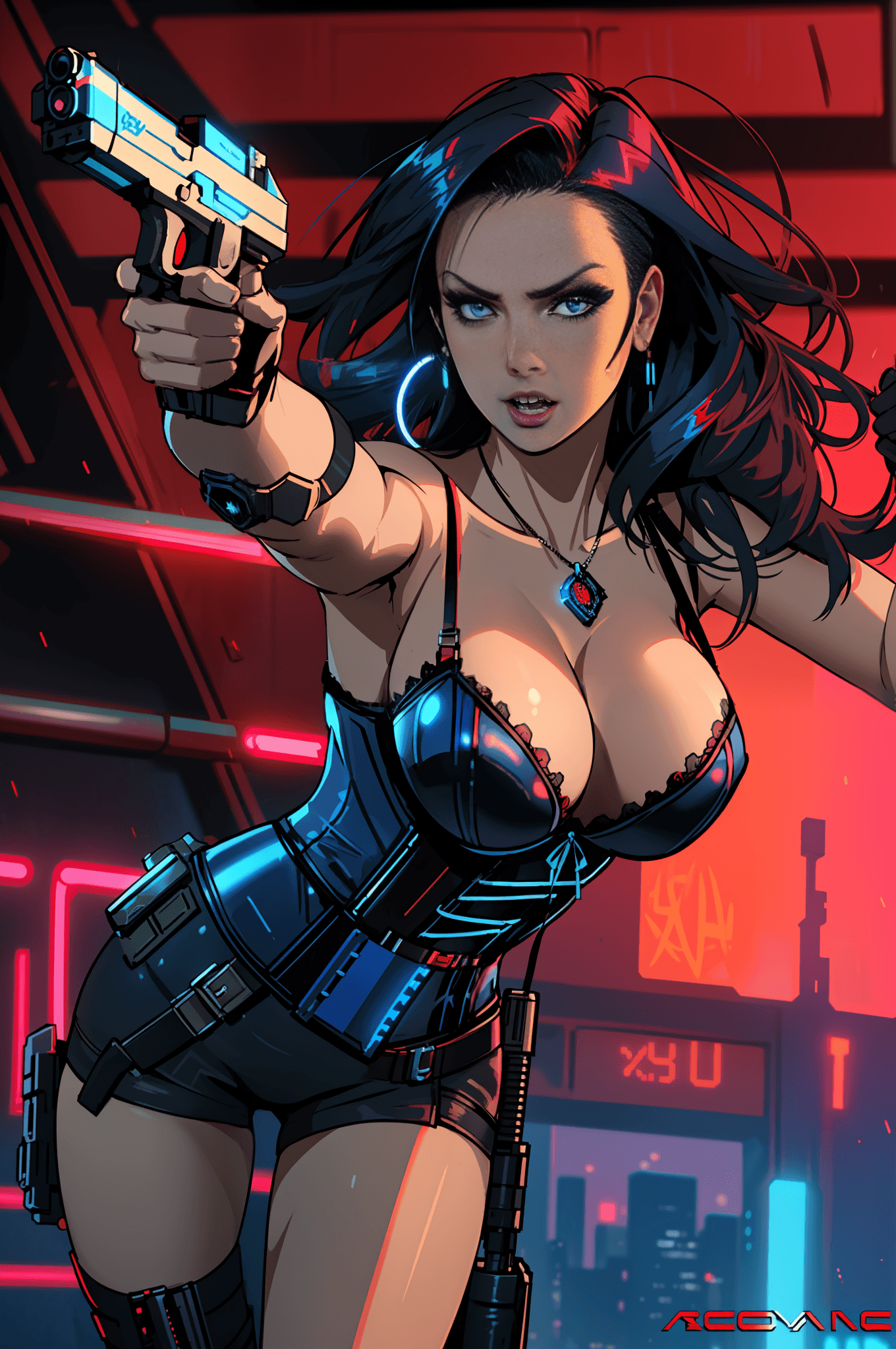 AI generated: sexy woman in a blue corset holding a gun in a red room, full scene shot, cyberpunk angry gorgeous g...