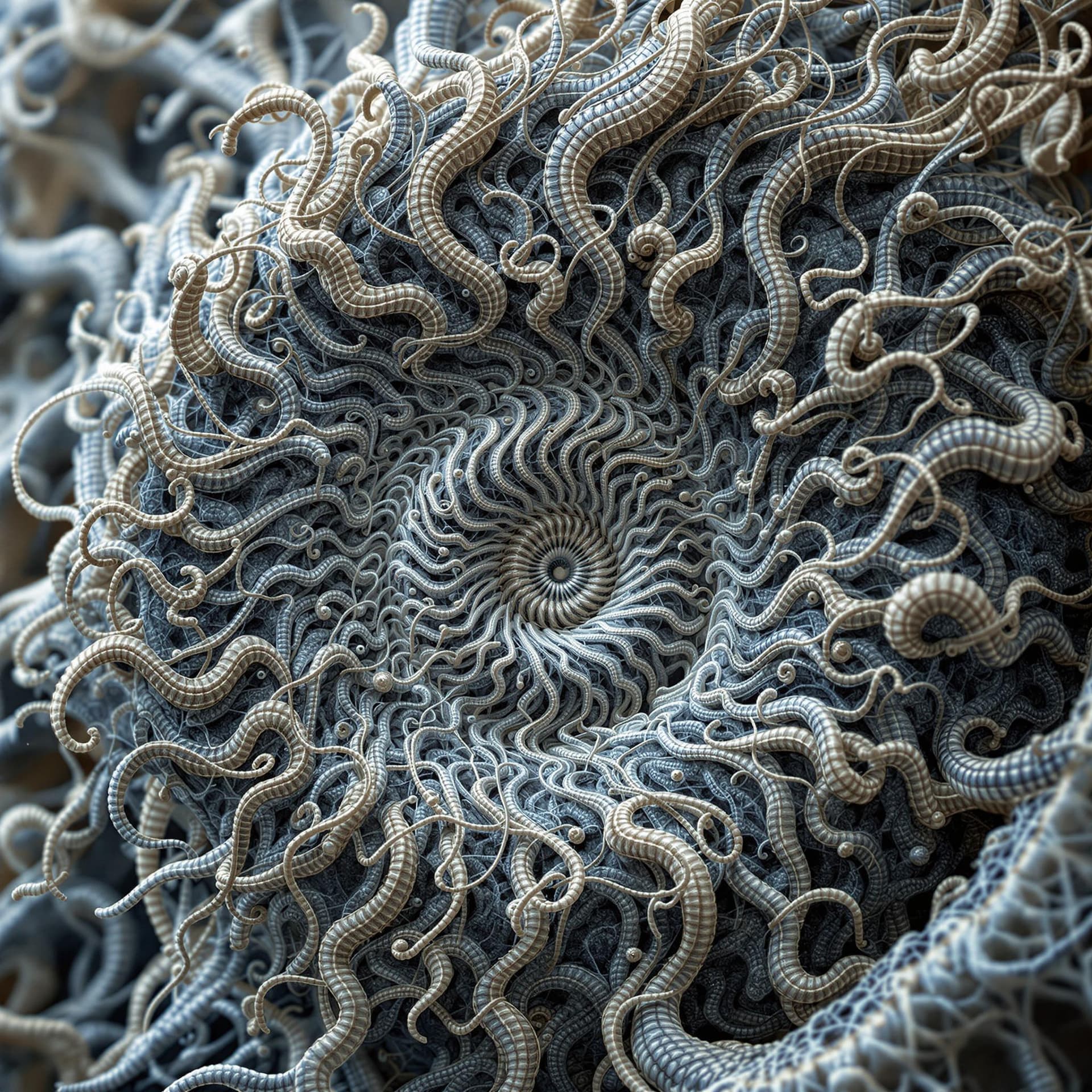 AI generated: close up dof render of a mythical creature made of detailed spiraling fractals and tendrils, detaile...