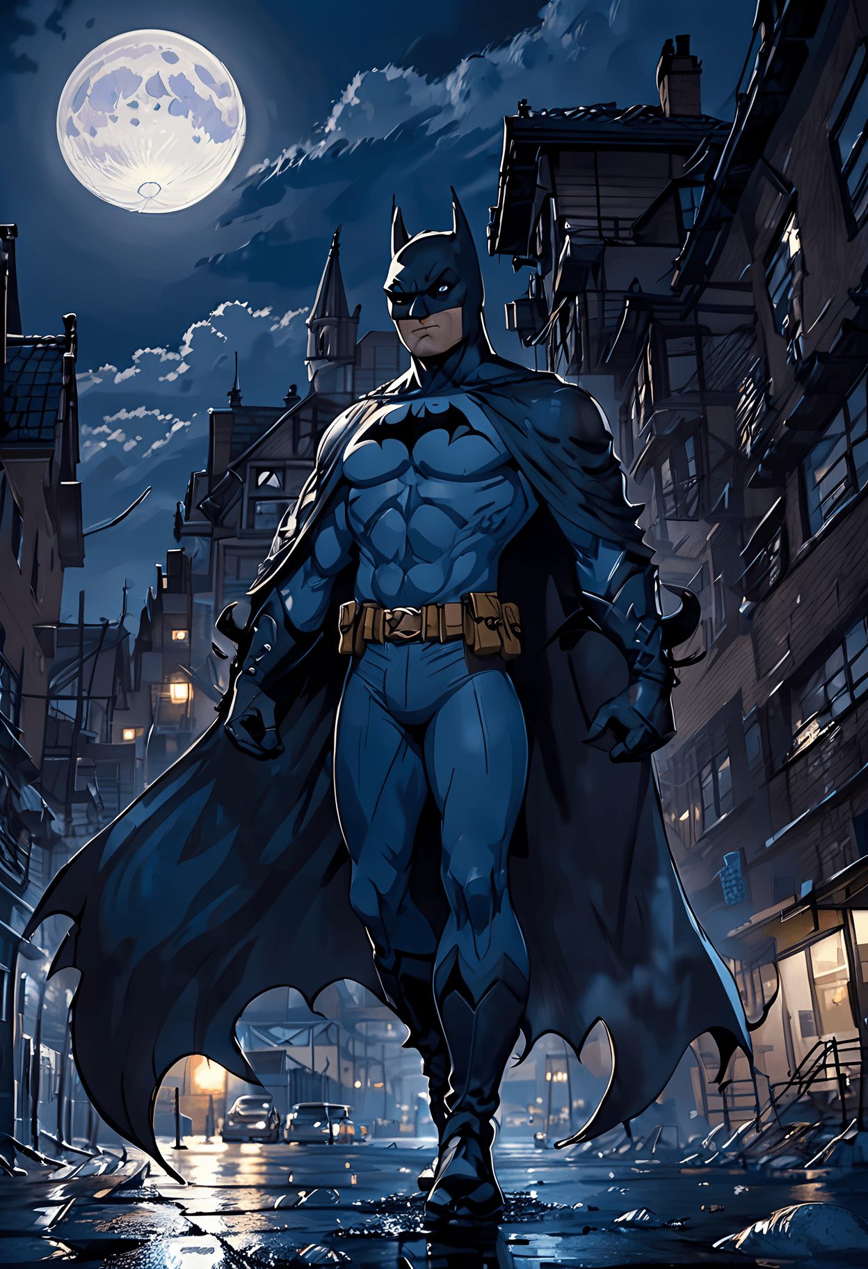 AI generated: Gotham City full moon , Gotham City, often for dark streets, Batman, or crime-fighting action.