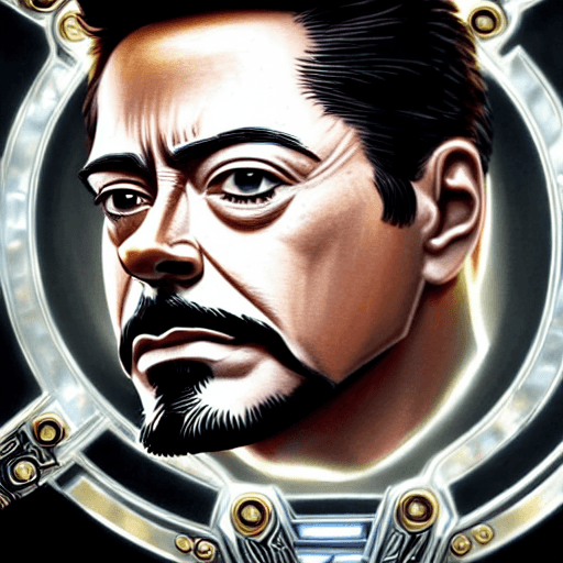 AI generated: Close-up portrait of a TONY STARK FACE WITH HELMET OPEN IRONMAN walking into no mans land, metallic ...