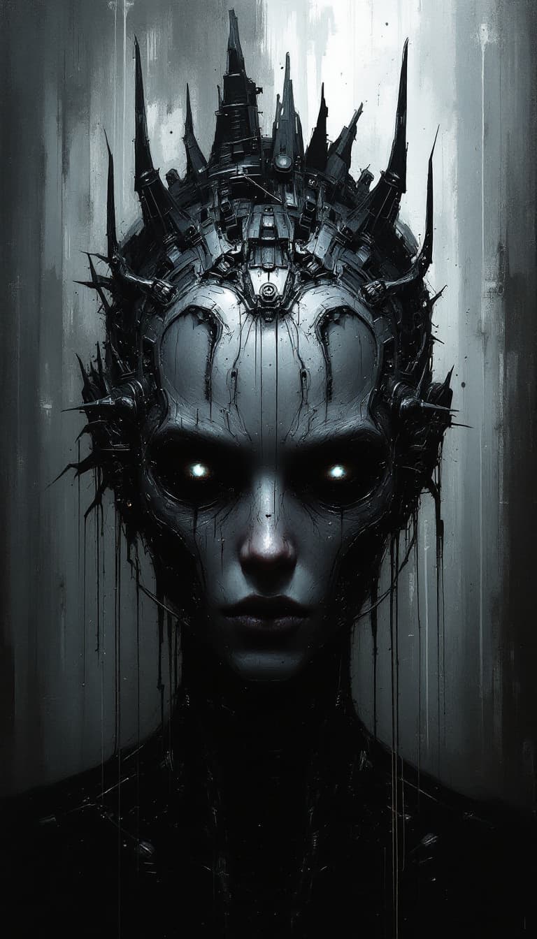 AI generated: artistic, oil painting, front view, upper body, heavy brushed, sci-fi, bizarre mechanical human, gaz...
