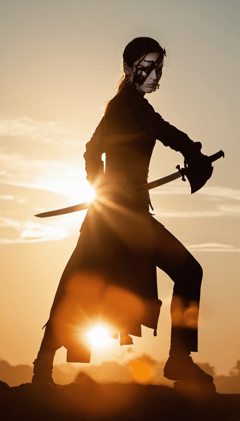 AI generated: Medium close-up, photograph of, silhouette of a woman wielding a sword, dressed for battle, bright o...