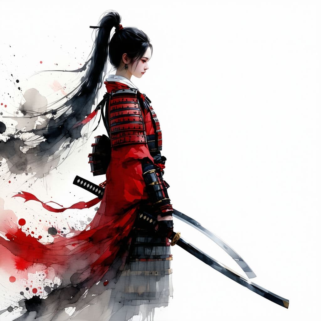 AI generated: 1 woman, weapon, long hair, black hair, white background, solo, looking at viewer, black eyes, tabi,...