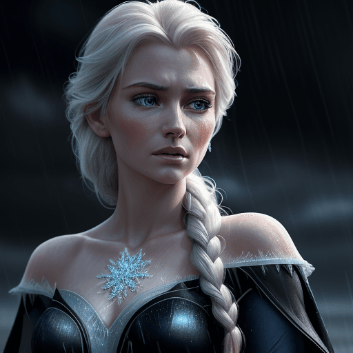 AI generated:  frozen elsa with a focus face, black gold dress . standing in light rain. with realistic drop of ra...