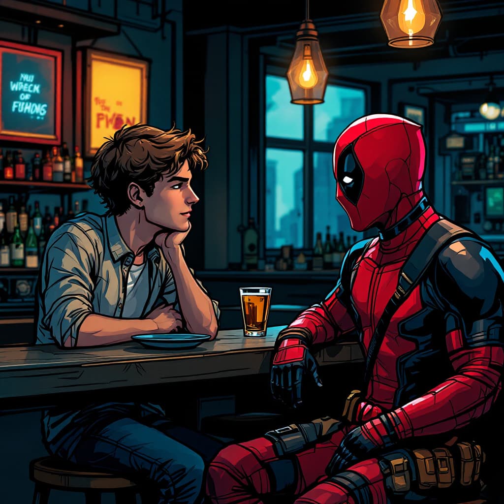 AI generated: A young guy and Deadpool at a bar. Deadpool makes fun of the guy, but he is somewhat unaffected by i...