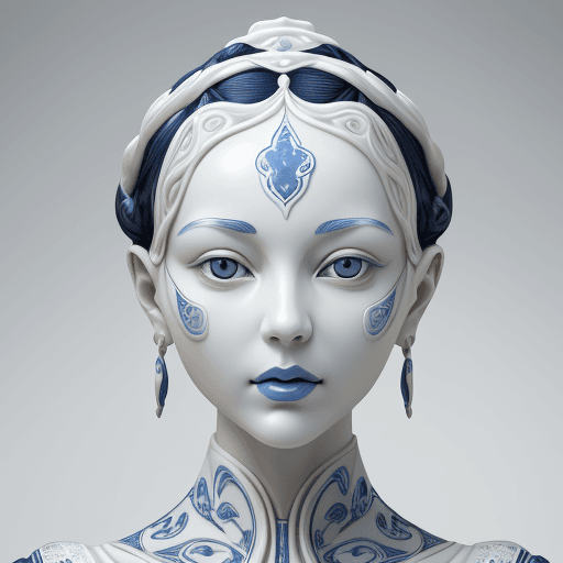 AI generated: a woman made out of porcelain, in the style of balanced symmetry, white and blue, detailed facial fe...