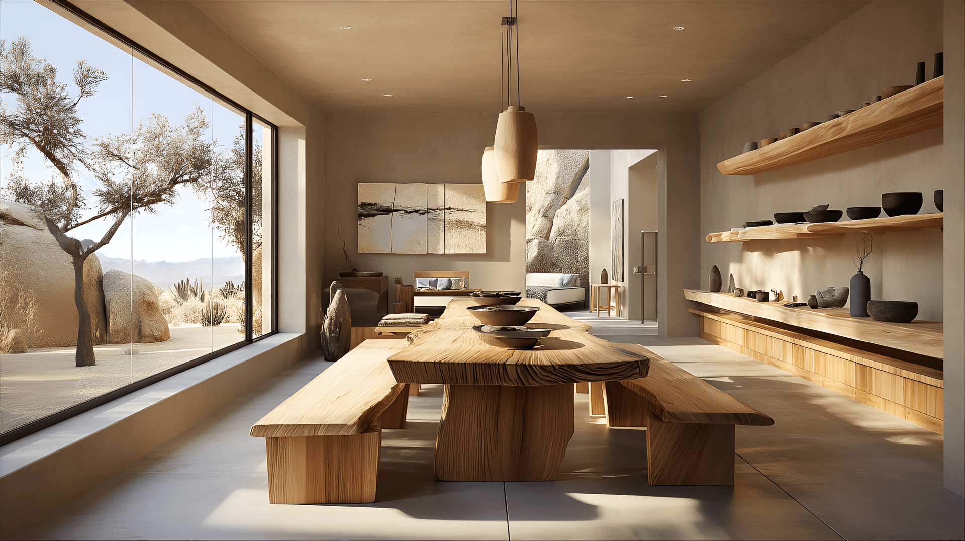 AI generated: Modern minimalist dining area, light beige concrete walls, large wooden dining table with a live edg...