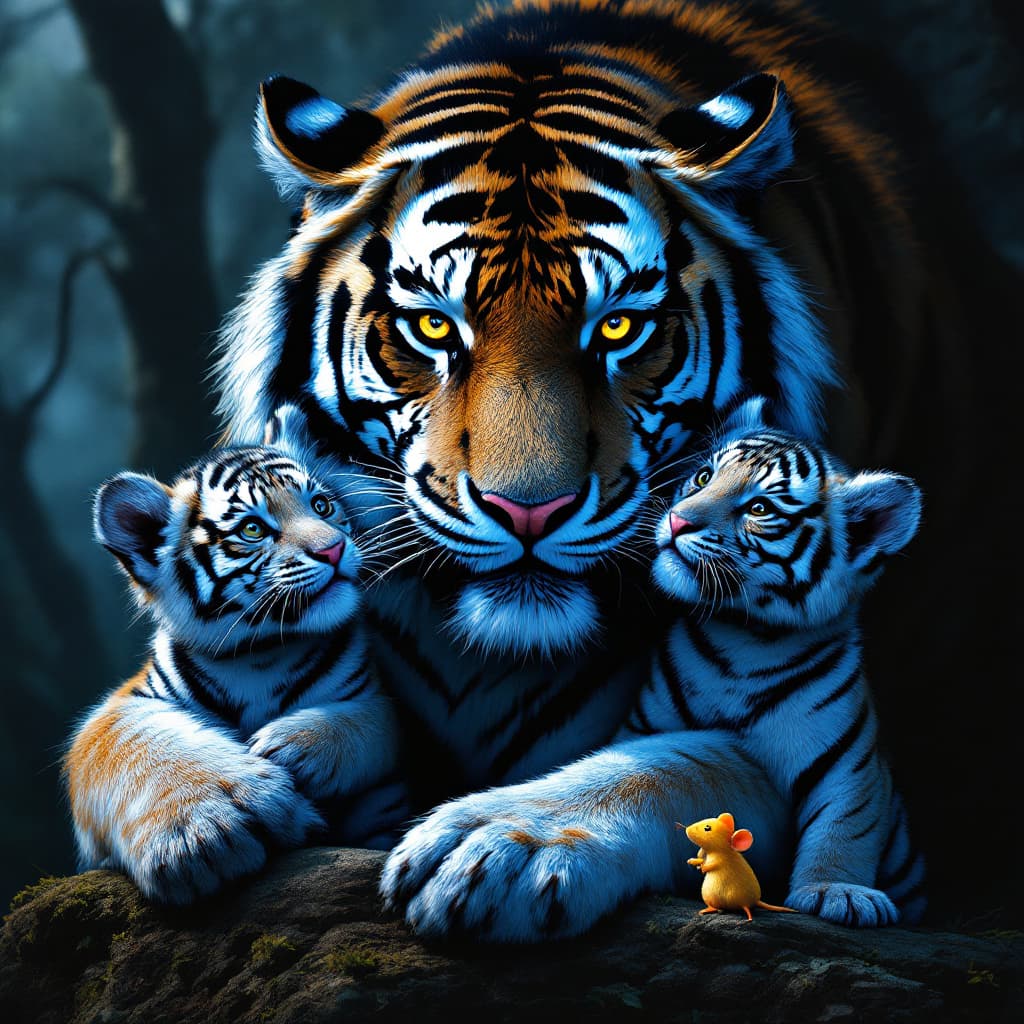 AI generated: movie poster, A tiger and two tiger cubs, and a small mouse in black white and blue, in the style of...