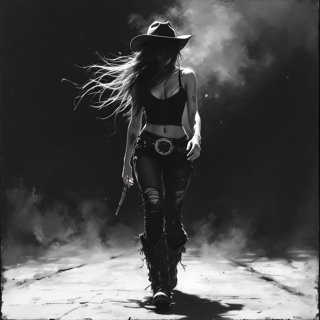 AI generated: An impasto painting of an urban cowgirl, full body, walking on the street, wearing cowboy boots and ...