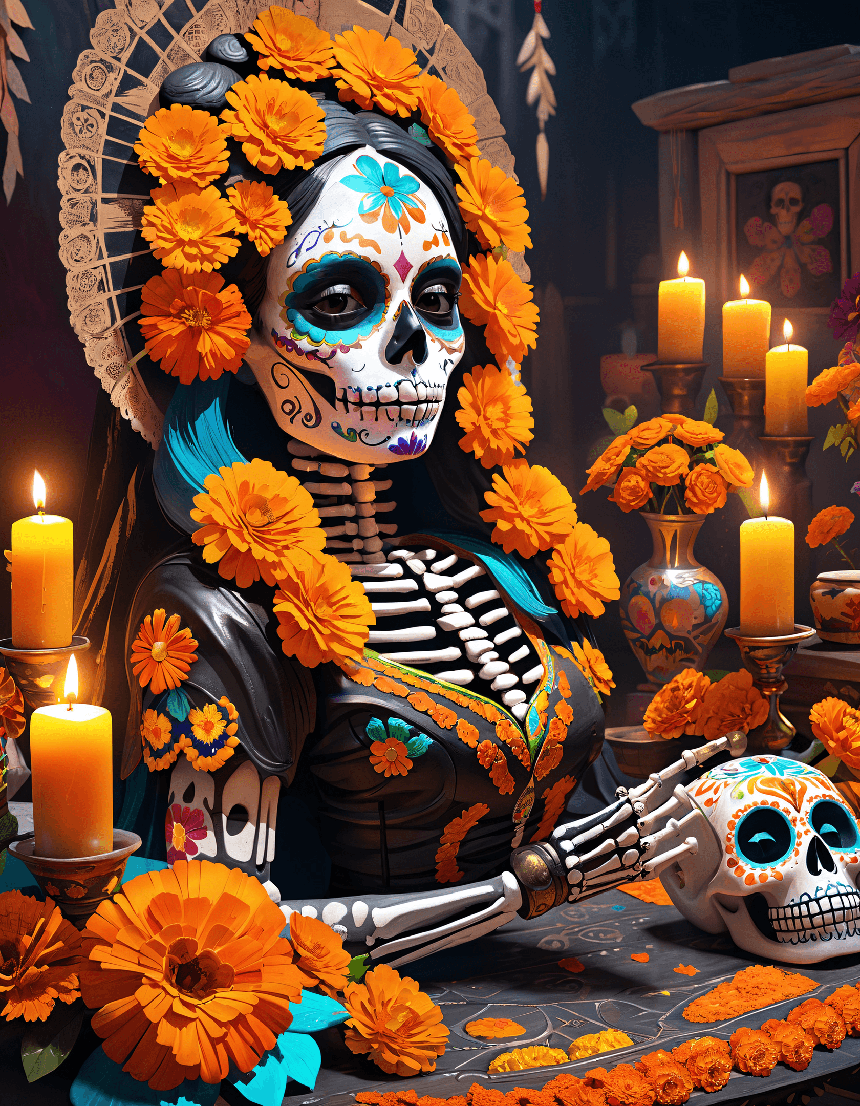 AI generated: Vibrant Day of the Dead altar Masterpiece, Best Quality, It's only rock and roll , but I like it . ,...