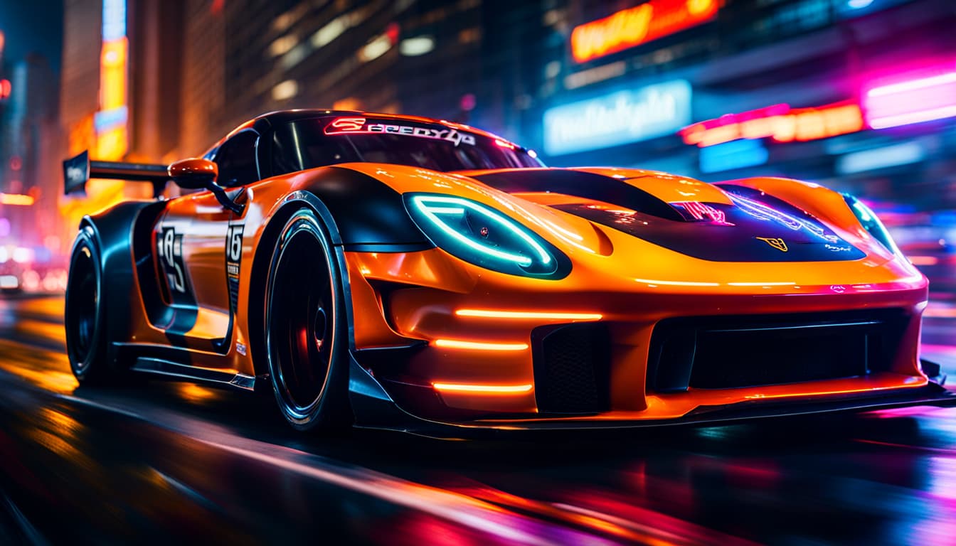 AI generated: cinematic CG 8k wallpaper, action scene from Forza Horizon 5, wheels rotating, blurry, evening city ...