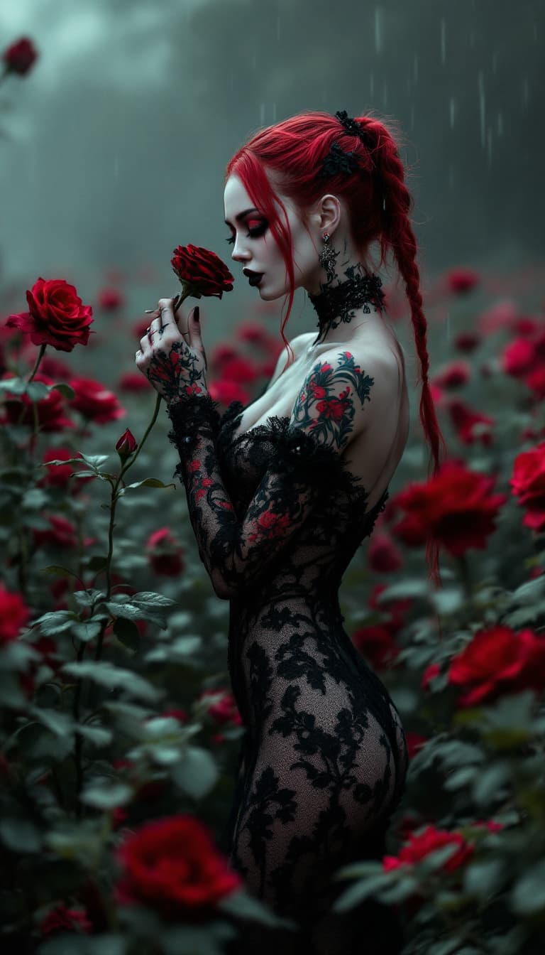 AI generated: A realistic, head to toe photo a fit, thin, perfect body, very pale female standing in a field of bl...