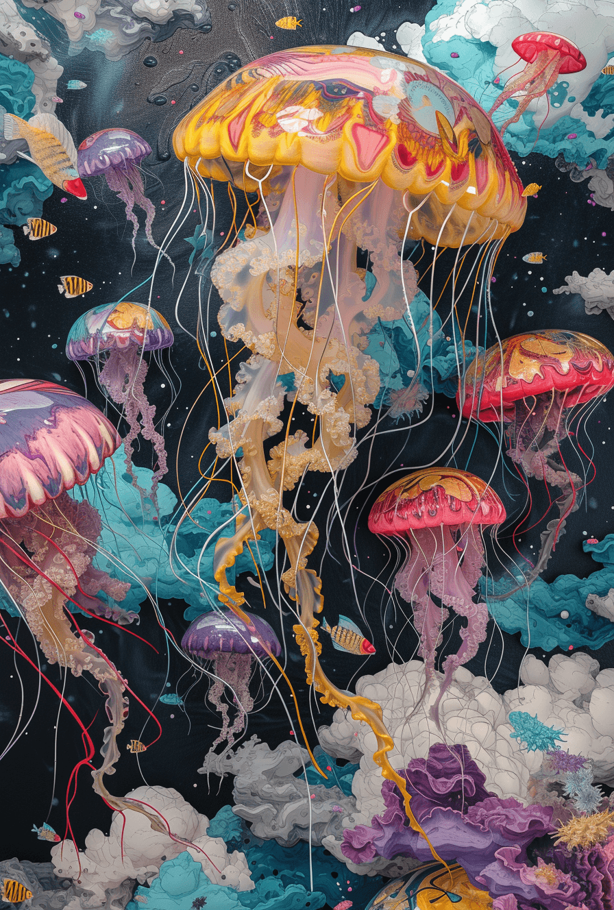 AI generated: a 3d painting of jellyfish with colorful fish and clouds, in the style of dark and chaotic, light bl...