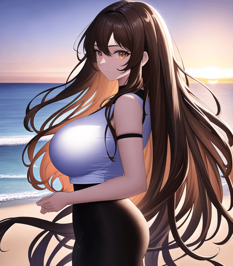 AI generated: (perfect anime illustration), 1girl, long brown hair, curly hair, (huge breasts:1.2), beach, black c...