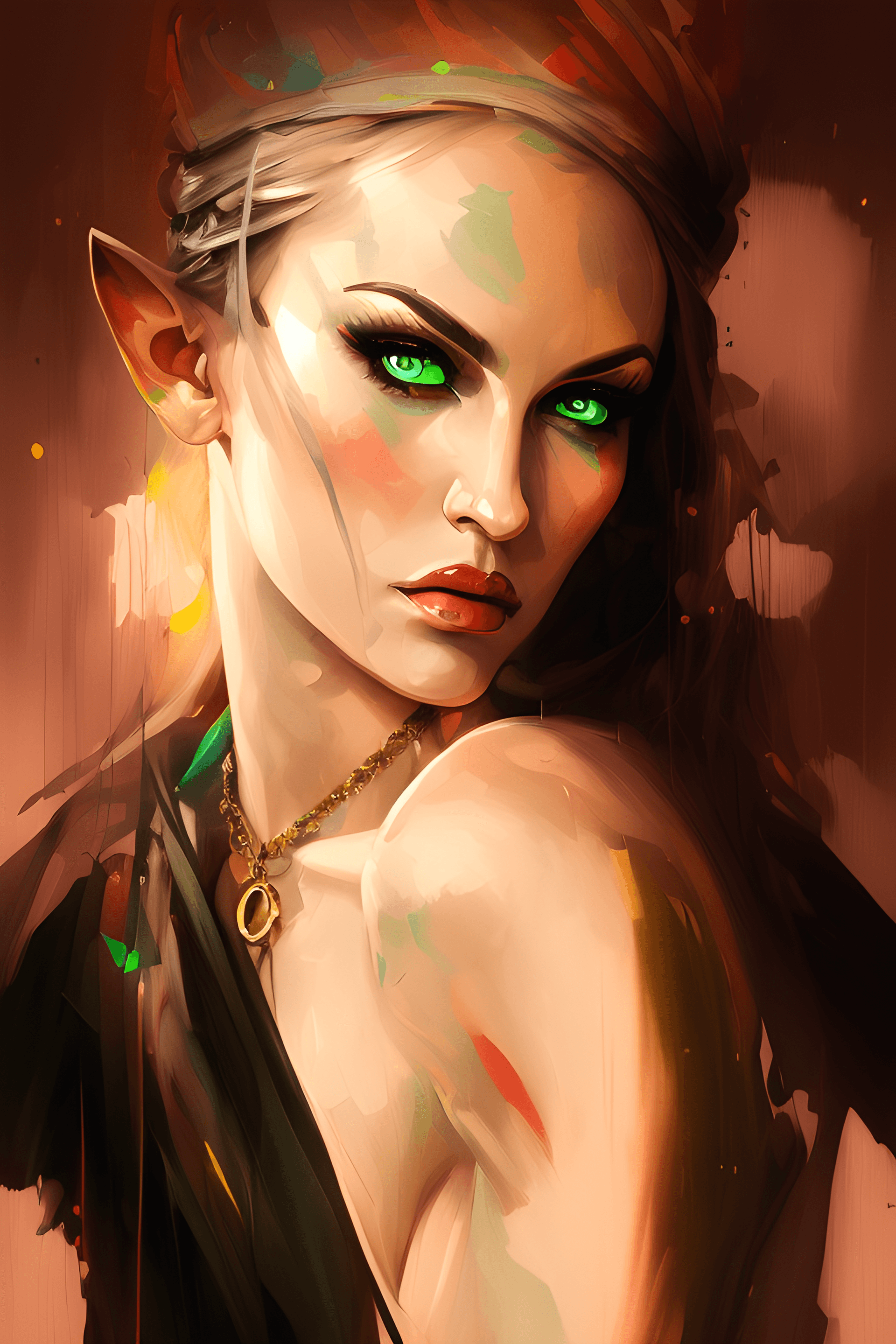 AI generated: a close up of a girl with green eyes and a necklace, digital fantasy portrait, portrait of a female ...