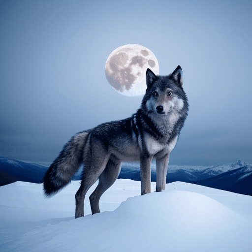 AI generated: A photo of a wolf standing on the top of a snow-covered mountain. There is a gloomy atmosphere every...