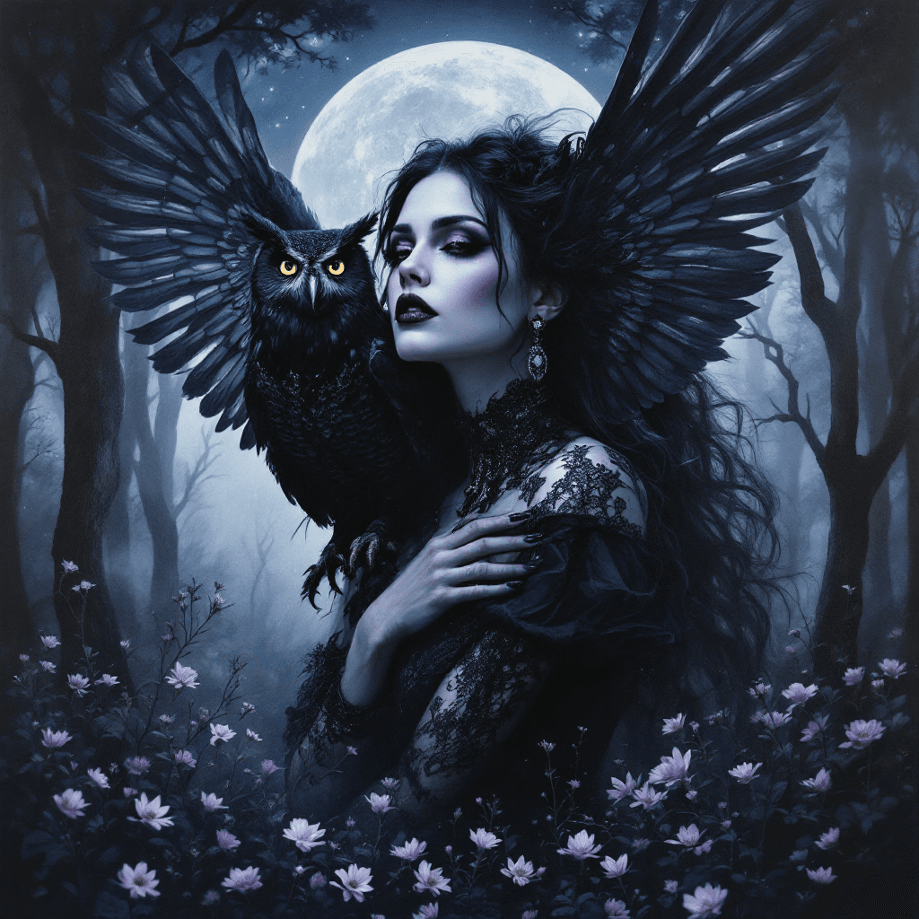 AI generated: An award-winning double exposure oil painting masterpiece centered around a goth woman with striking...