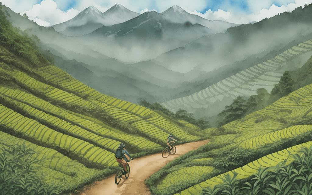 AI generated: /imagine prompt: Mountain biking in a sprawling tea estate, navigating challenging terrain with stee...