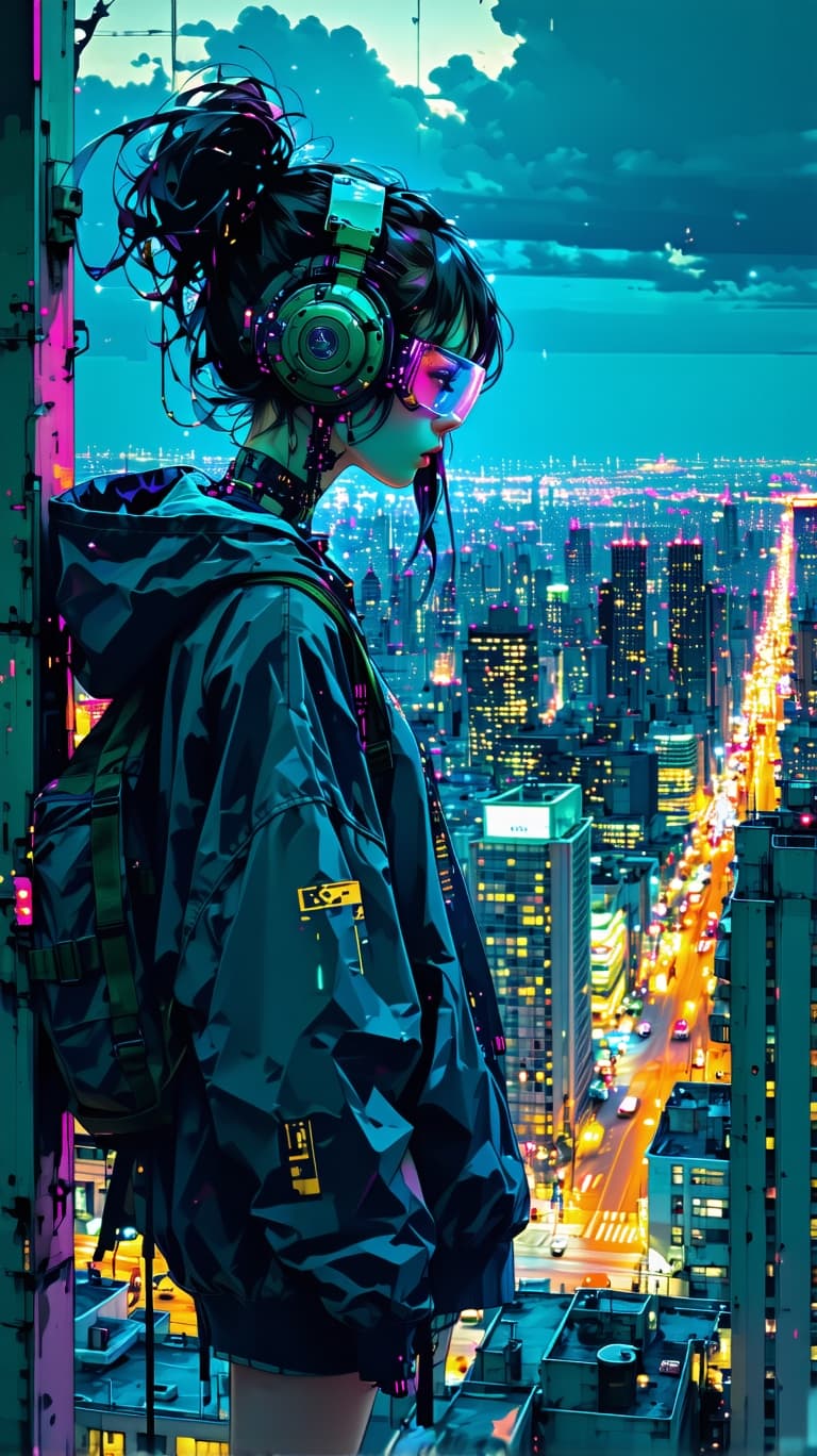 AI generated: A visual stunning photo of a female cyberpunk looking over tokyo skyline |centered| key visual| intr...