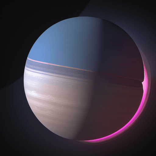 AI generated: minimalistic, 2d, Saturn-like planet in cyberpunk vibrant pink and blue colors, space grey plain bac...