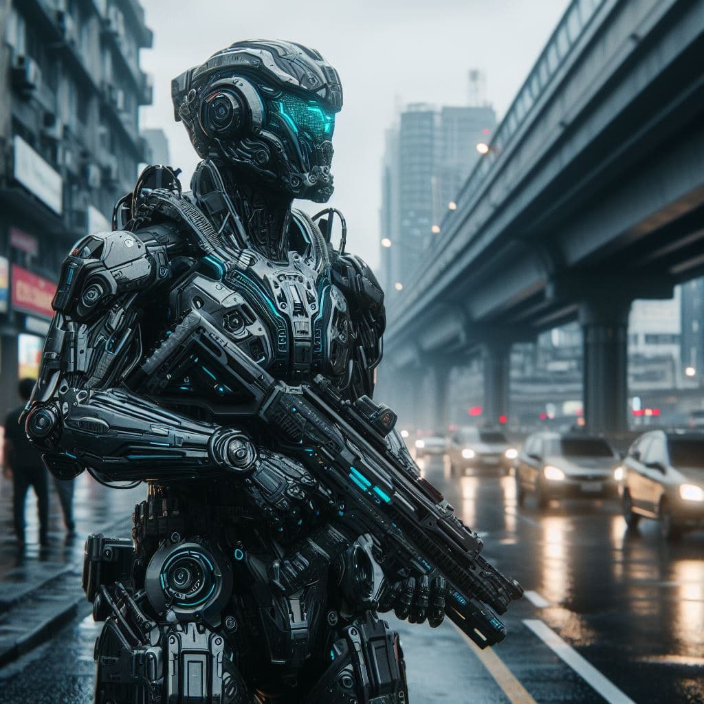 AI generated: Futuristic soldier with hi-tech armor and weaponry, street, overcast, reflection mapping, intricate ...