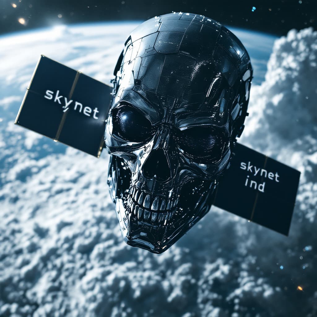 AI generated: a satellite in orbit that is similar to a t-800 terminator's head looking down to earth. it has the ...