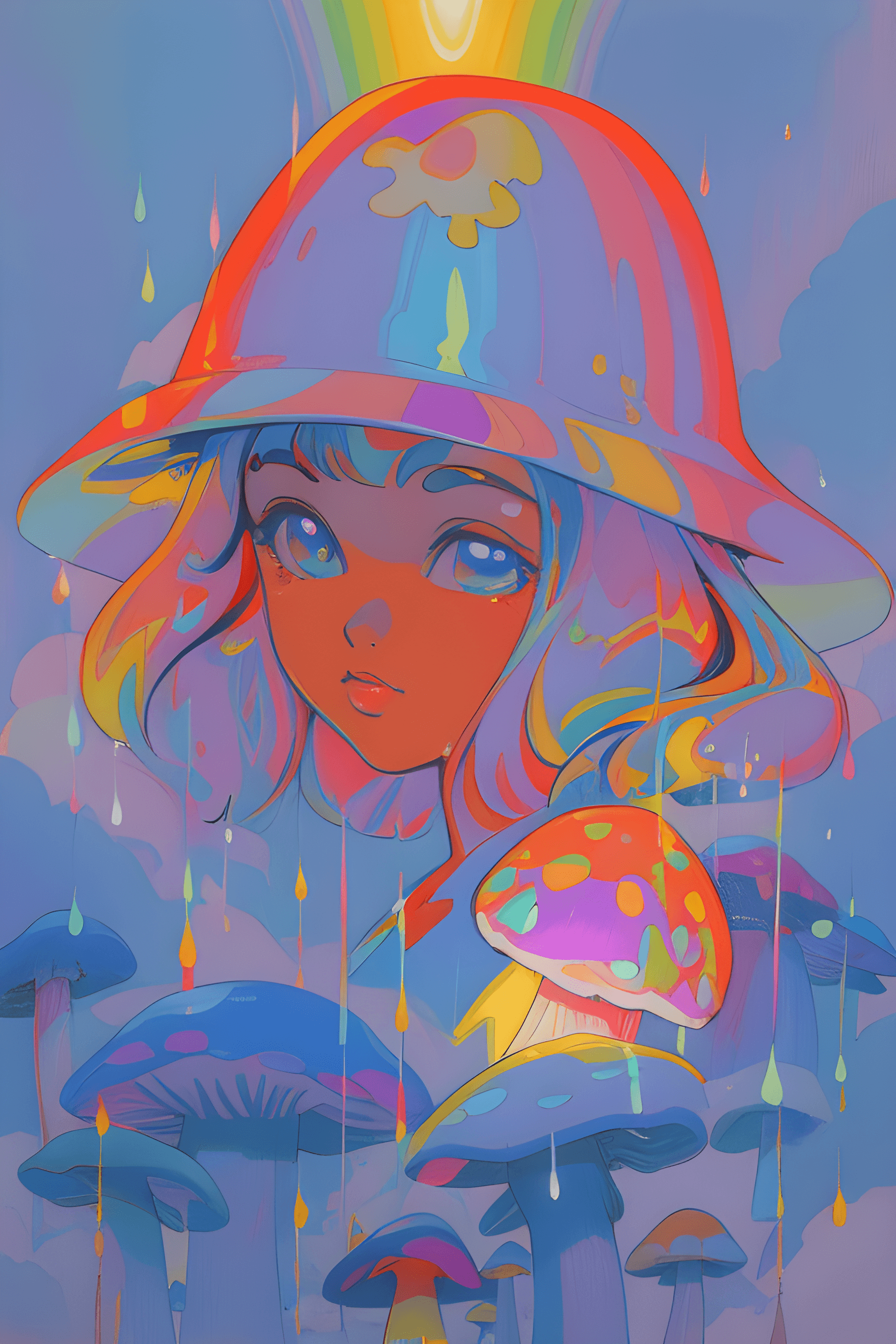 AI generated: a close up of a painting of a person wearing a hat, by Peter Max, dribble, psychedelic art, pouring ...