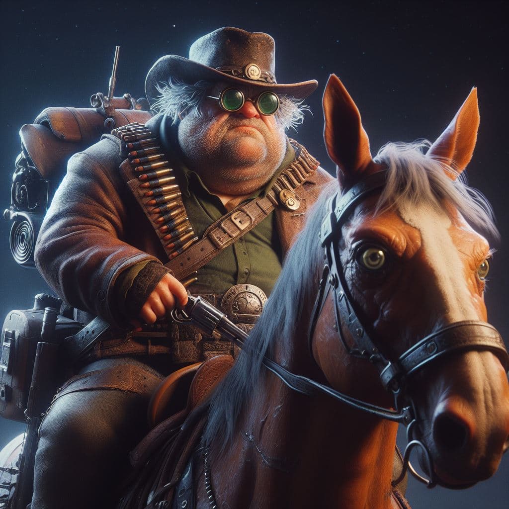 AI generated: OLD fat cowboy, riding a horse, the horse has bulging eyes, funny photo, from Scott Snyder and artis...
