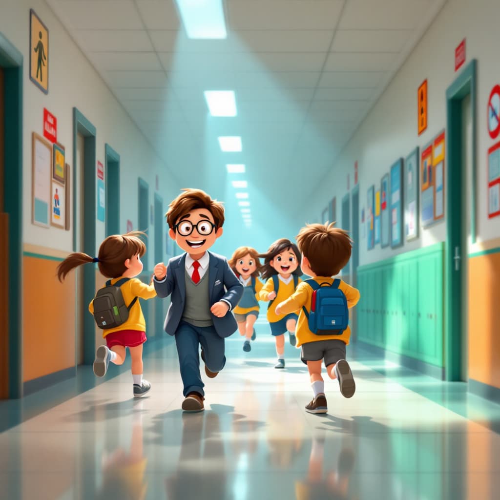 AI generated: "A cute illustration of a school hallway scene in the style of Pixar, with students running, a teach...