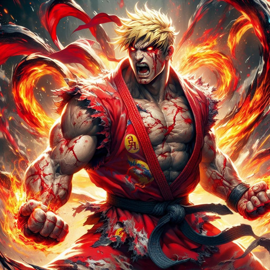 AI generated: Street fighter: Ken fighting at war, blond hair, red karate kimono, injured and dirty, ripped clothe...
