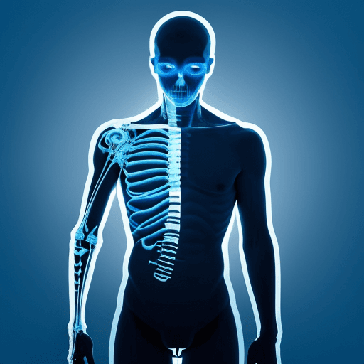AI generated: digital art, man wearing a minimalist, white shirt, utilize X-ray effect to subtly display his skele...