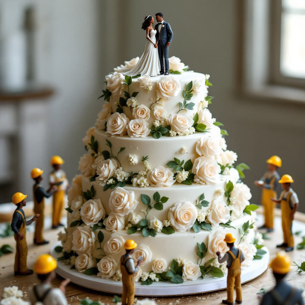 AI generated: A three-tiered wedding cake with intricate sugar roses and leaves, surrounded by figures of construc...