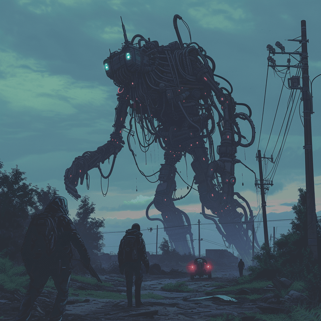 AI generated: imon Stålenhag Influence: In a post-apocalyptic landscape, a giant, biomechanical creature stands am...