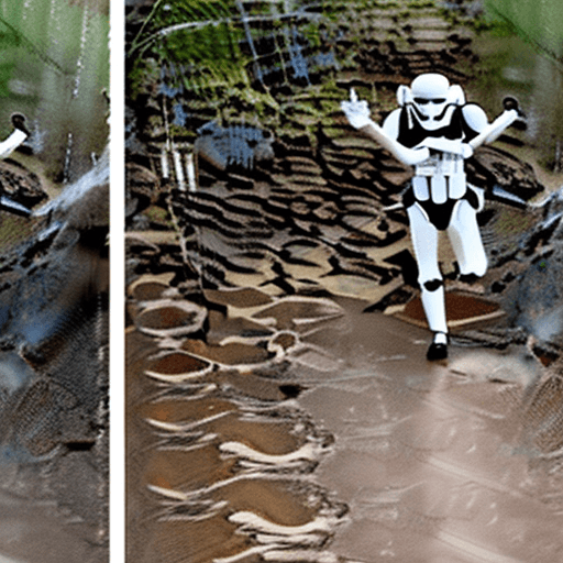 AI generated: High resolution photography interior design, stormtrooper running in the mud, rainy