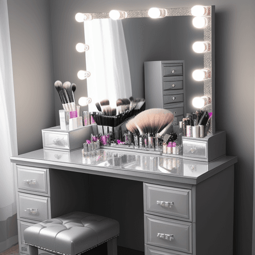 AI generated: A super realistic grey glittery dresser with storage for makeup, hair tools and daily Skincare produ...