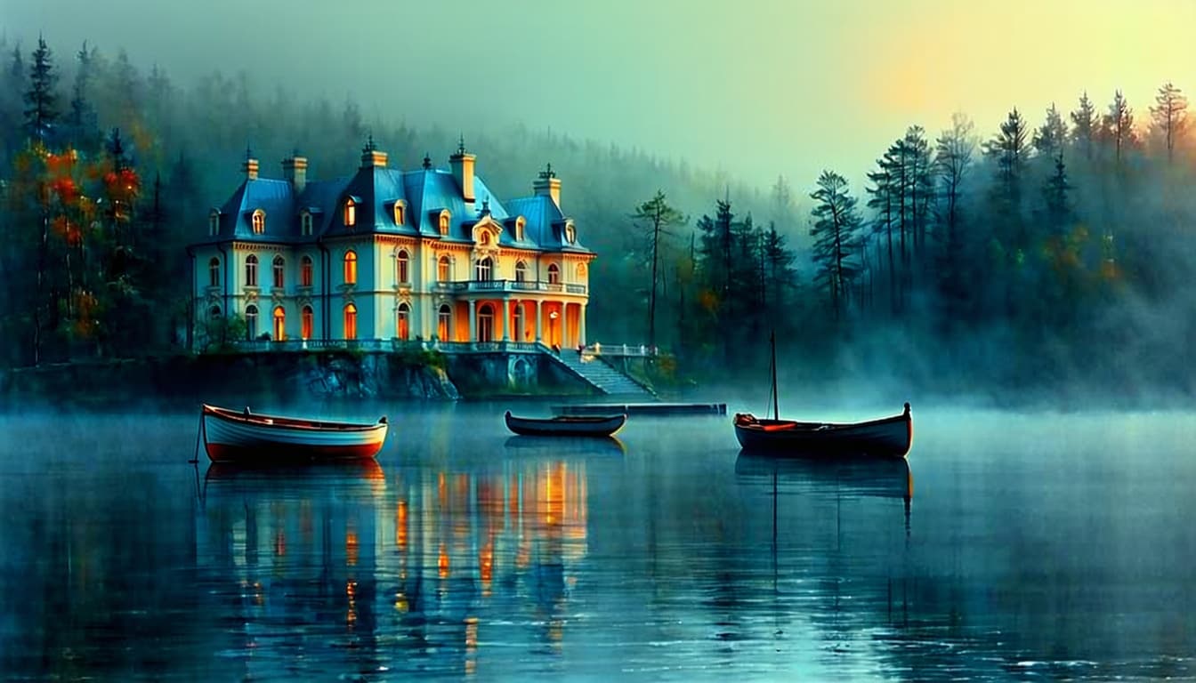 AI generated: Dreamy colors, allegorical style (art style by Casey Bo: 1.1), A magnificent mansion in front of a l...